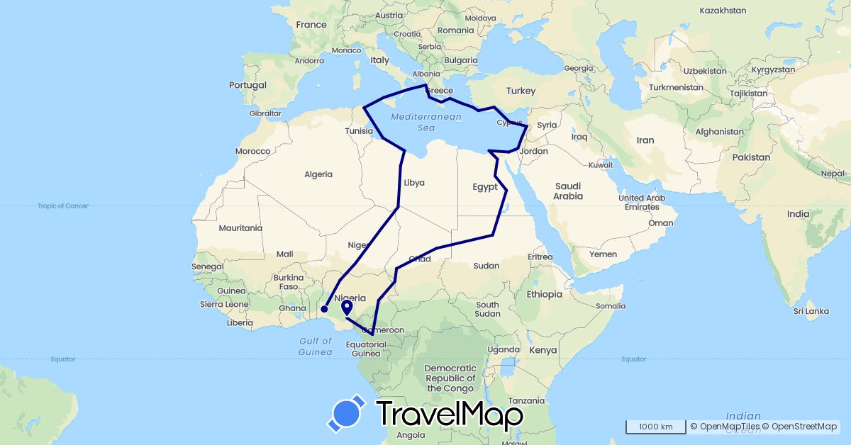 TravelMap itinerary: driving in Cameroon, Cyprus, Egypt, Greece, Israel, Italy, Lebanon, Libya, Niger, Nigeria, Palestinian Territories, Sudan, Chad, Tunisia, Turkey (Africa, Asia, Europe)